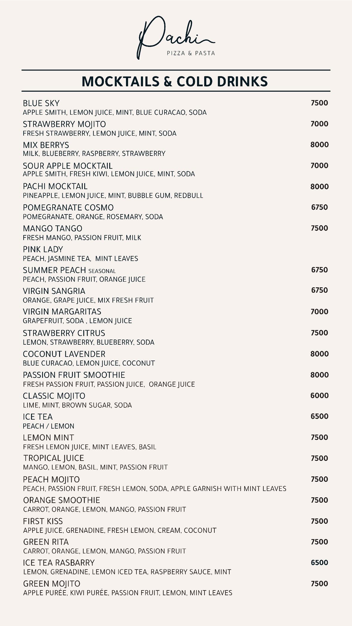 Pachi Pizza & Pasta Restaurant — menu photo 1